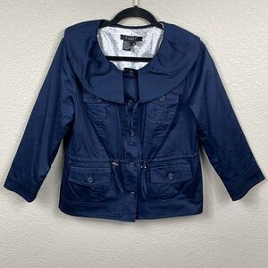 Sandro Sportswear Oversized Ruffle Collar Boxy Utility Jacket Navy Blue Sz M